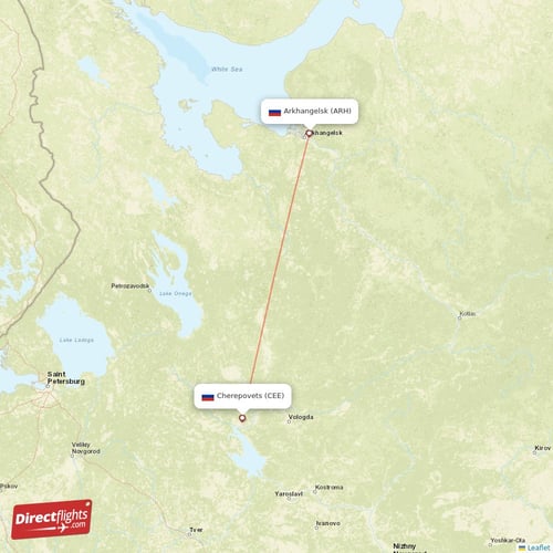Arkhangelsk - Cherepovets direct flight map