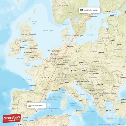 Stockholm - Alicante direct flight map