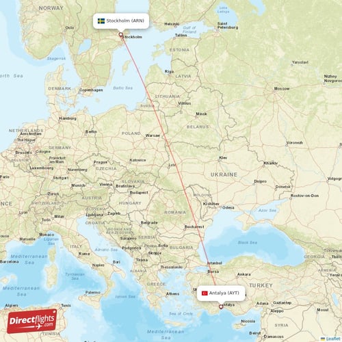 Stockholm - Antalya direct flight map