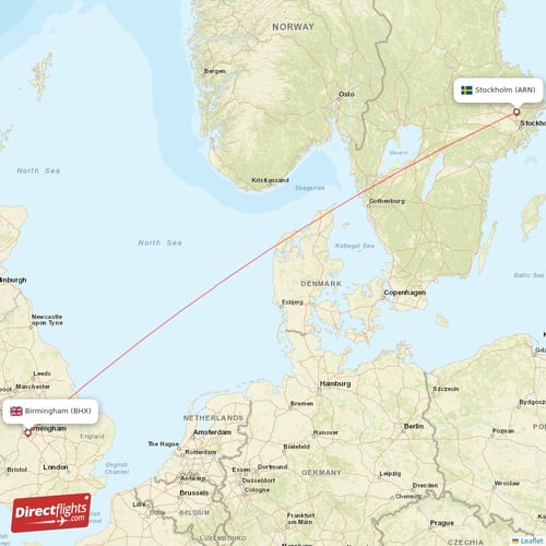 Stockholm - Birmingham direct flight map