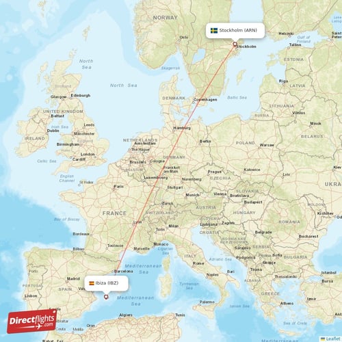 Stockholm - Ibiza direct flight map