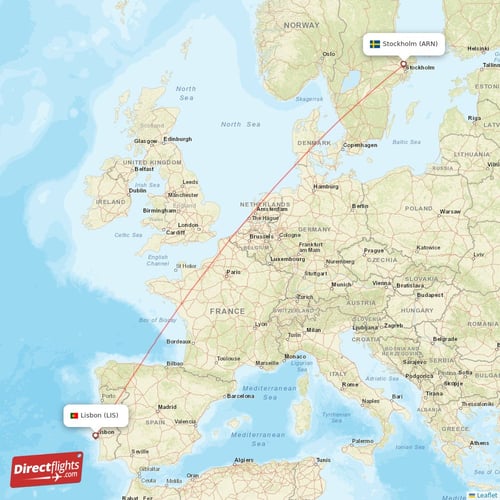 Stockholm - Lisbon direct flight map