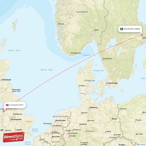 Stockholm - Liverpool direct flight map