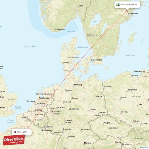 Stockholm - Paris direct flight map