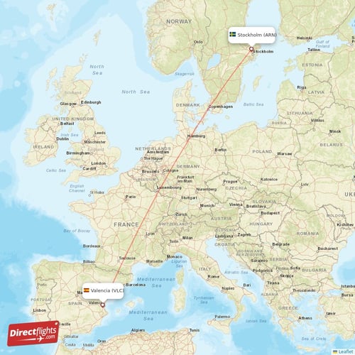 Stockholm - Valencia direct flight map