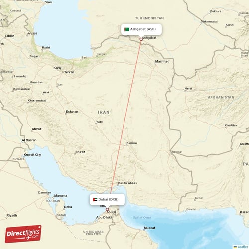 Ashgabat - Dubai direct flight map
