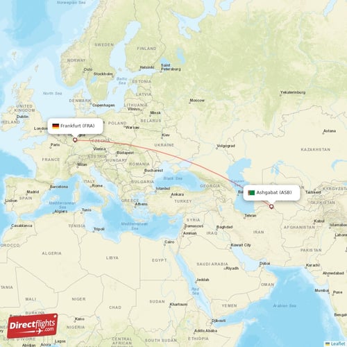 Ashgabat - Frankfurt direct flight map