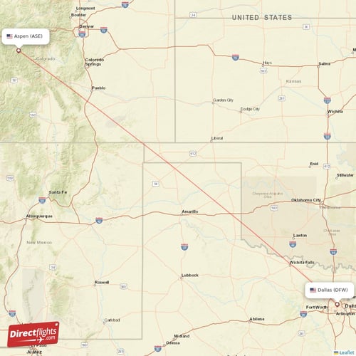 Aspen - Dallas direct flight map