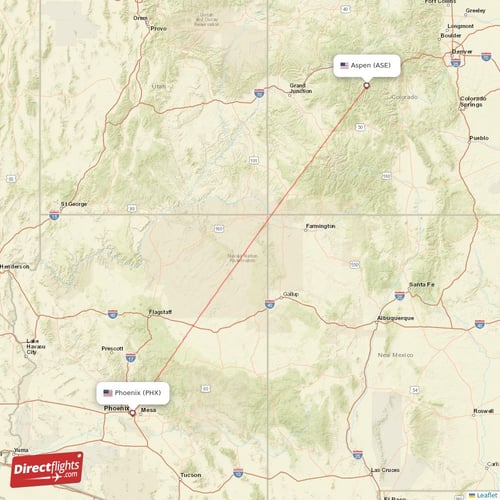 Aspen - Phoenix direct flight map