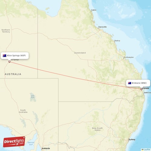 Alice Springs - Brisbane direct flight map