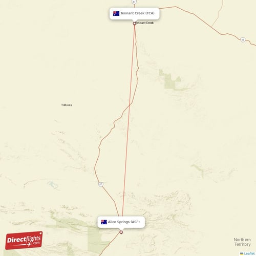 Alice Springs - Tennant Creek direct flight map