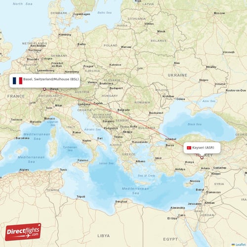 Kayseri - Basel, Switzerland/Mulhouse direct flight map