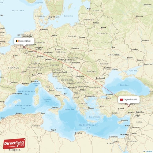 Kayseri - Liege direct flight map