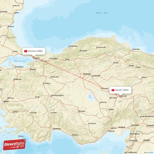 Kayseri - Istanbul direct flight map