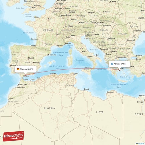 Athens - Malaga direct flight map