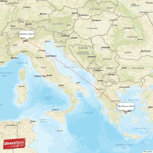 Athens - Milan direct flight map