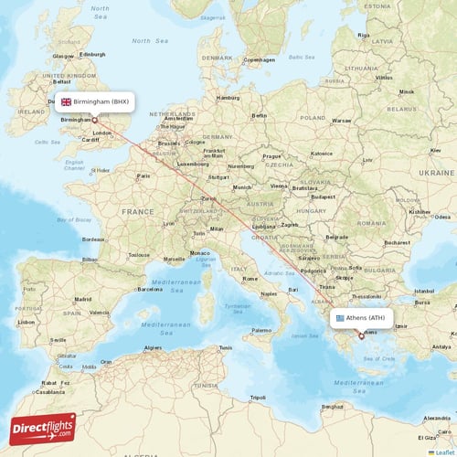 Athens - Birmingham direct flight map
