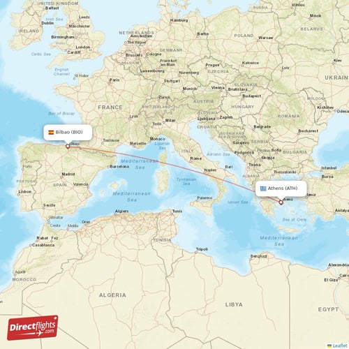 Athens - Bilbao direct flight map