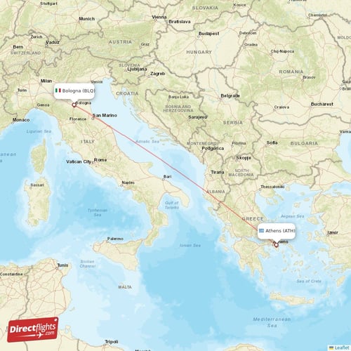 Athens - Bologna direct flight map