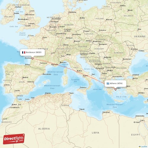 Athens - Bordeaux direct flight map
