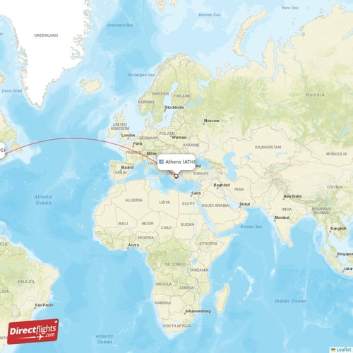 Athens - Boston direct flight map