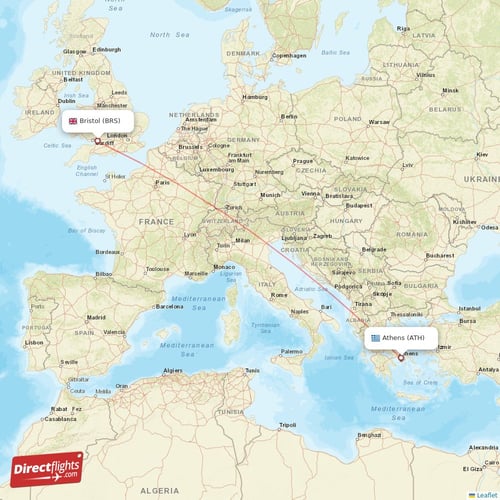 Athens - Bristol direct flight map