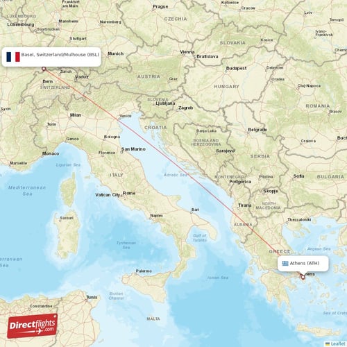 Athens - Basel, Switzerland/Mulhouse direct flight map
