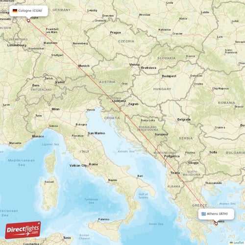 Athens - Cologne direct flight map