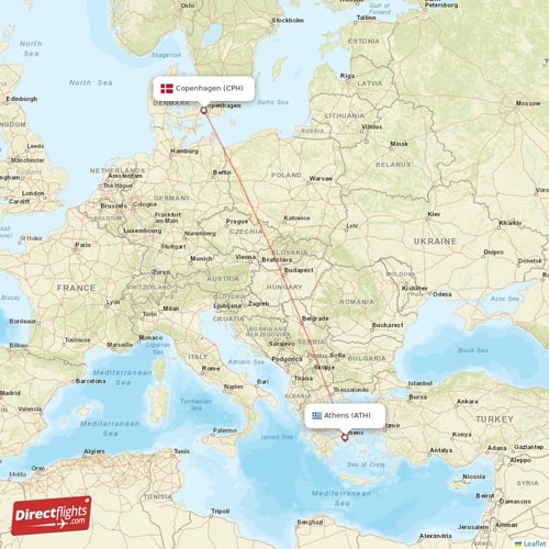 Athens - Copenhagen direct flight map