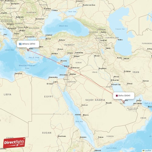 Athens - Doha direct flight map