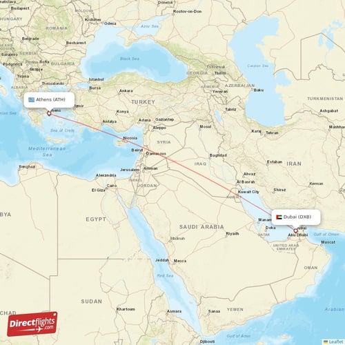 Athens - Dubai direct flight map