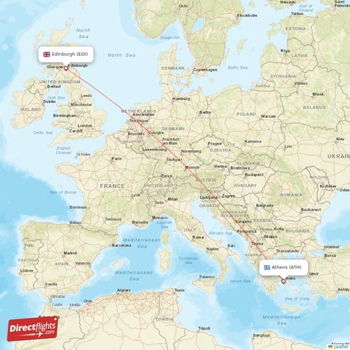 Athens - Edinburgh direct flight map
