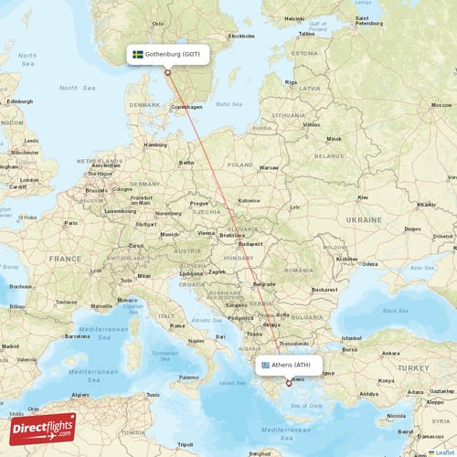 Athens - Gothenburg direct flight map