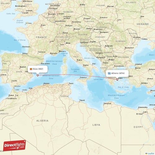 Athens - Ibiza direct flight map