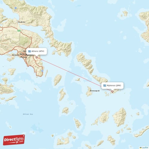 Athens - Mykonos direct flight map