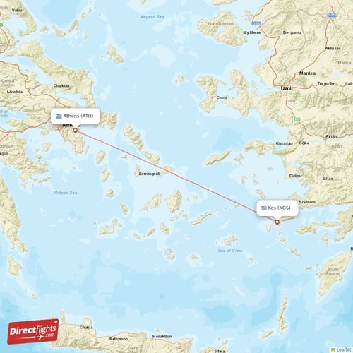 Athens - Kos direct flight map