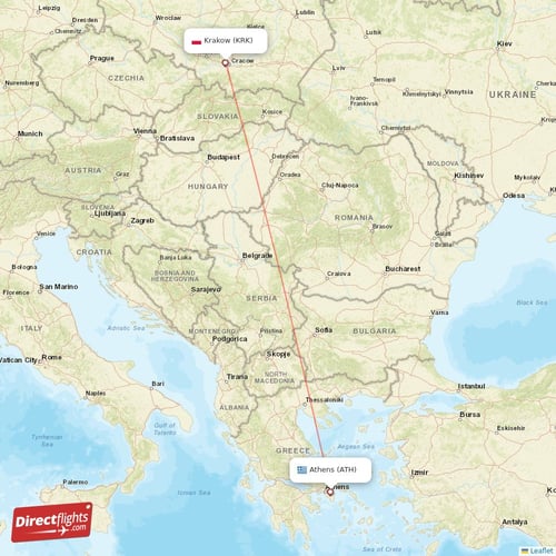 Athens - Krakow direct flight map
