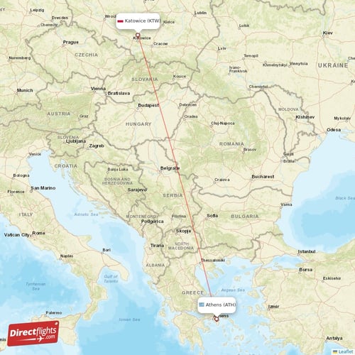 Athens - Katowice direct flight map