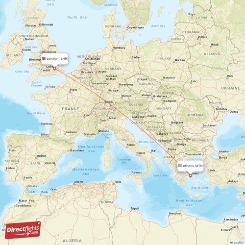 Athens - London direct flight map