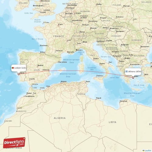 Athens - Lisbon direct flight map