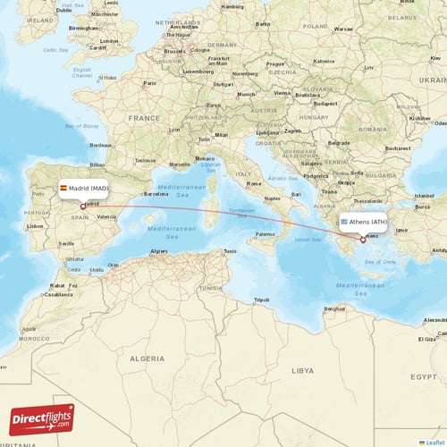 Athens - Madrid direct flight map
