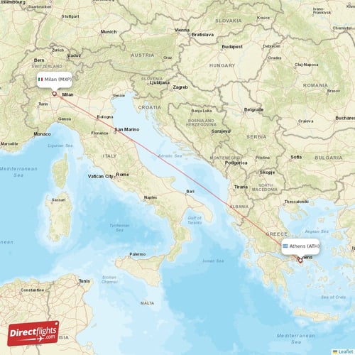 Athens - Milan direct flight map