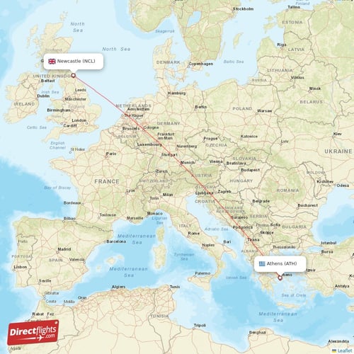Athens - Newcastle direct flight map