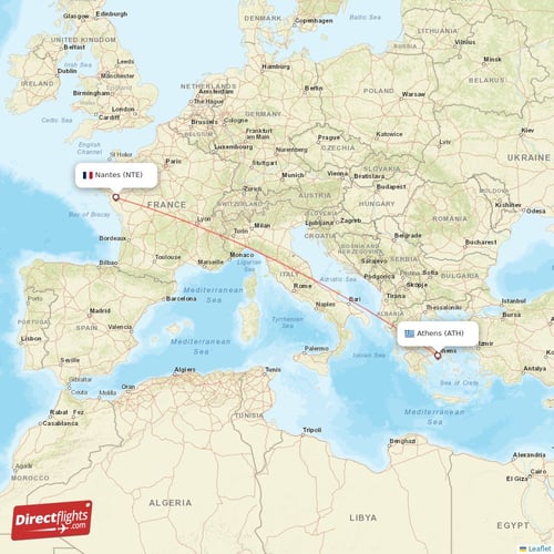 Athens - Nantes direct flight map