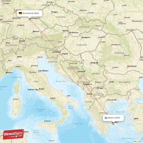 Athens - Nuremberg direct flight map