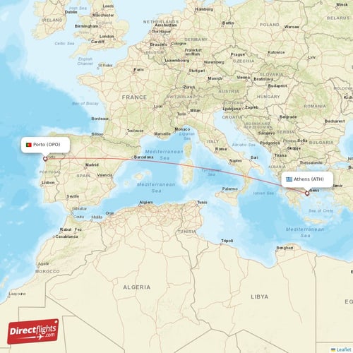 Athens - Porto direct flight map