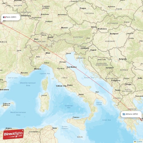 Athens - Paris direct flight map