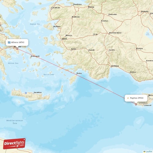 Athens - Paphos direct flight map