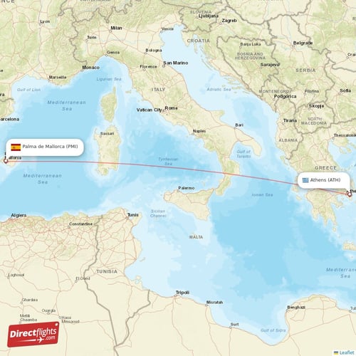 Athens - Palma de Mallorca direct flight map