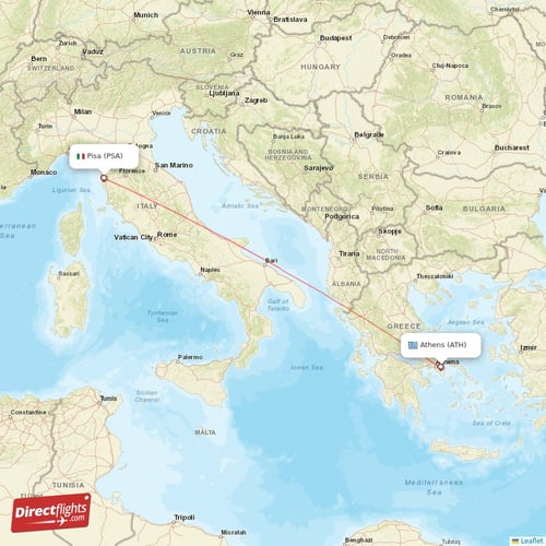 Athens - Pisa direct flight map